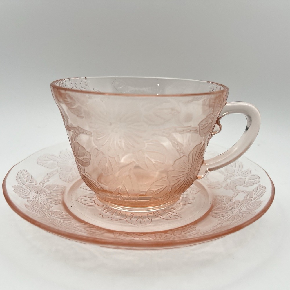 MacBeth Evans Teacup Saucer Pink Depression Glass Dogwood Apple Blossom Vintage